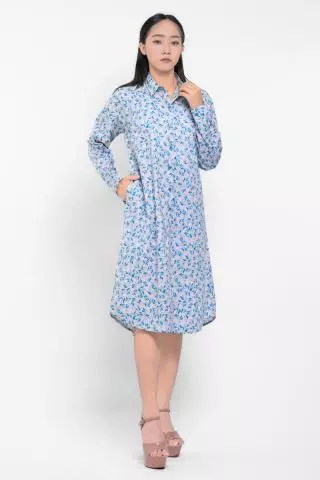 Puricia Dress Wanita Midi Motif Edlyn Baby Blue