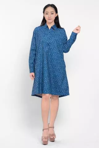 Puricia Dress Wanita Midi Motif Katun Fayre Navy