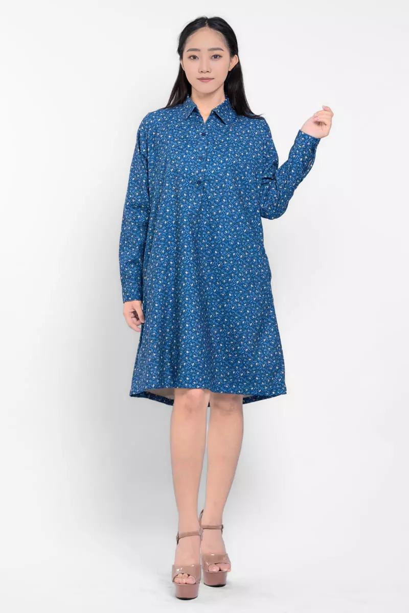Puricia Dress Wanita Midi Motif Katun Fayre Navy