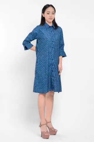 Puricia Dress Wanita Midi Motif Katun Kyomi Navy