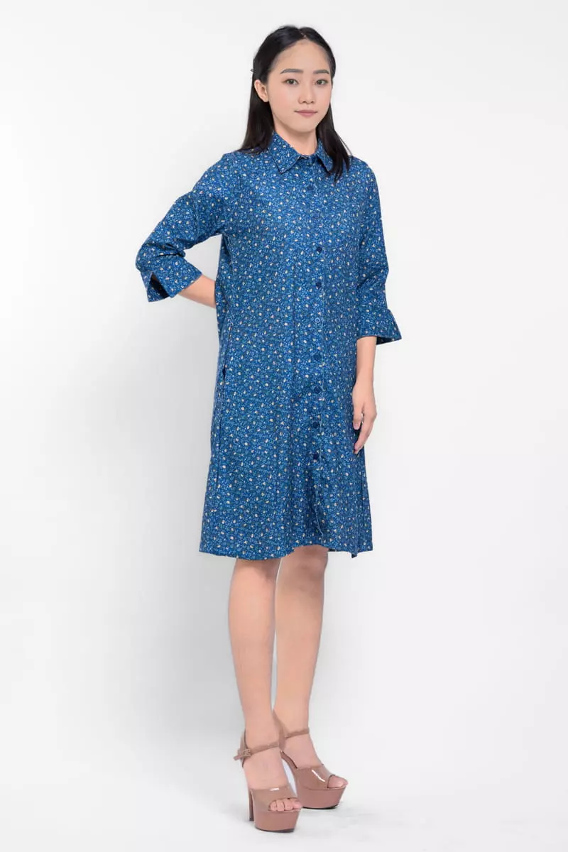 Puricia Dress Wanita Midi Motif Katun Kyomi Navy