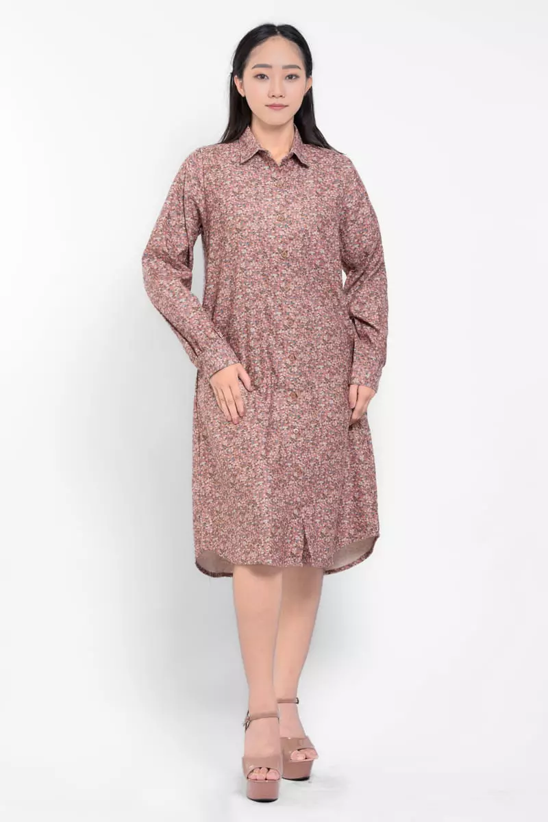 Puricia Dress Wanita Midi Motif Katun Kyomi Bisque