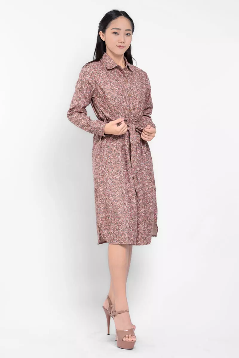 Puricia Dress Wanita Midi Motif Katun Lavina Chestnut