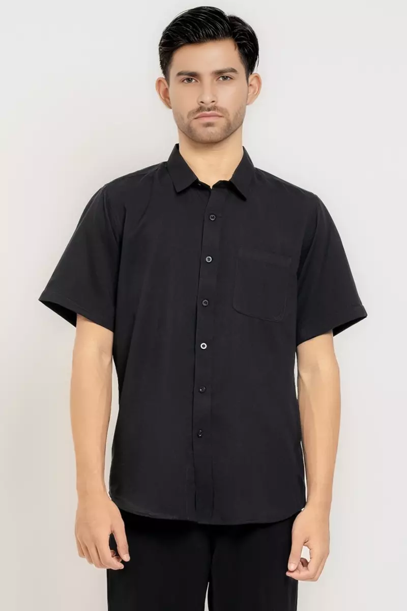 Hassenda Kemeja Pendek Polos Pria Basic Katun Seavey Ink Black