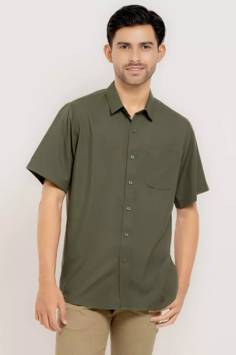 Hassenda Kemeja Pendek Polos Pria Basic Katun Seavey Seaweed