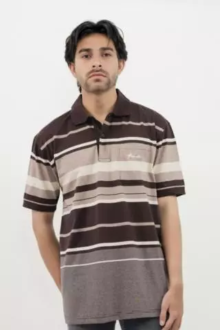 Hassenda Man Kaos Polo Motif Salur Pria Katun Hickory Brown