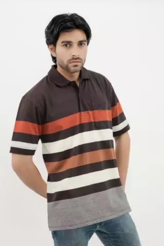 Hassenda Man Kaos Polo Motif Salur Pria Katun Cinnamon Brown