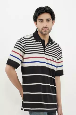 Hassenda Man Kaos Polo Motif Salur Pria Katun Onyx Black