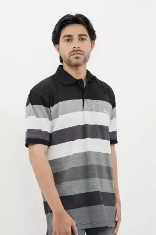 Hassenda Man Kaos Polo Motif Salur Pria Katun Charcoal Black