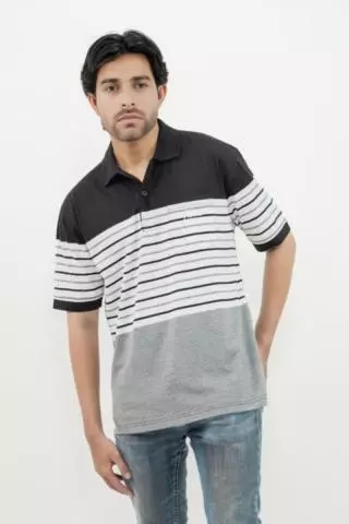 Hassenda Man Kaos Polo Motif Salur Pria Katun Ebony Black