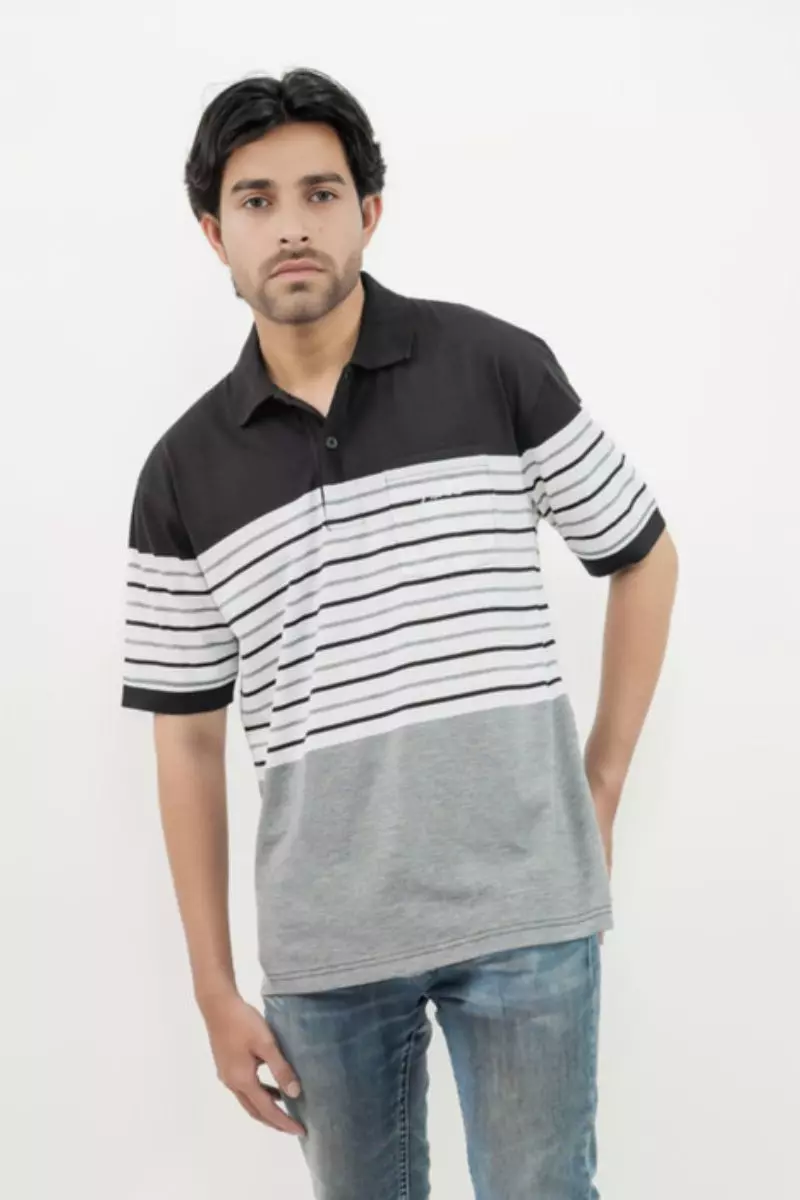 Hassenda Man Kaos Polo Motif Salur Pria Katun Ebony Black