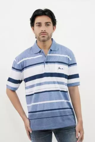 Hassenda Man Kaos Polo Motif Salur Pria Katun Cornflower Blue