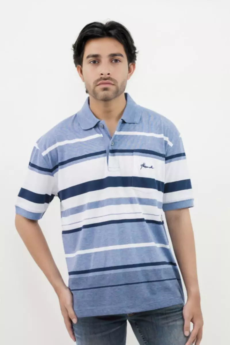 Hassenda Man Kaos Polo Motif Salur Pria Katun Cornflower Blue