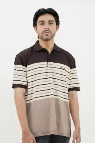 Hassenda Man Kaos Polo Motif Salur Pria Katun Walnut Brown