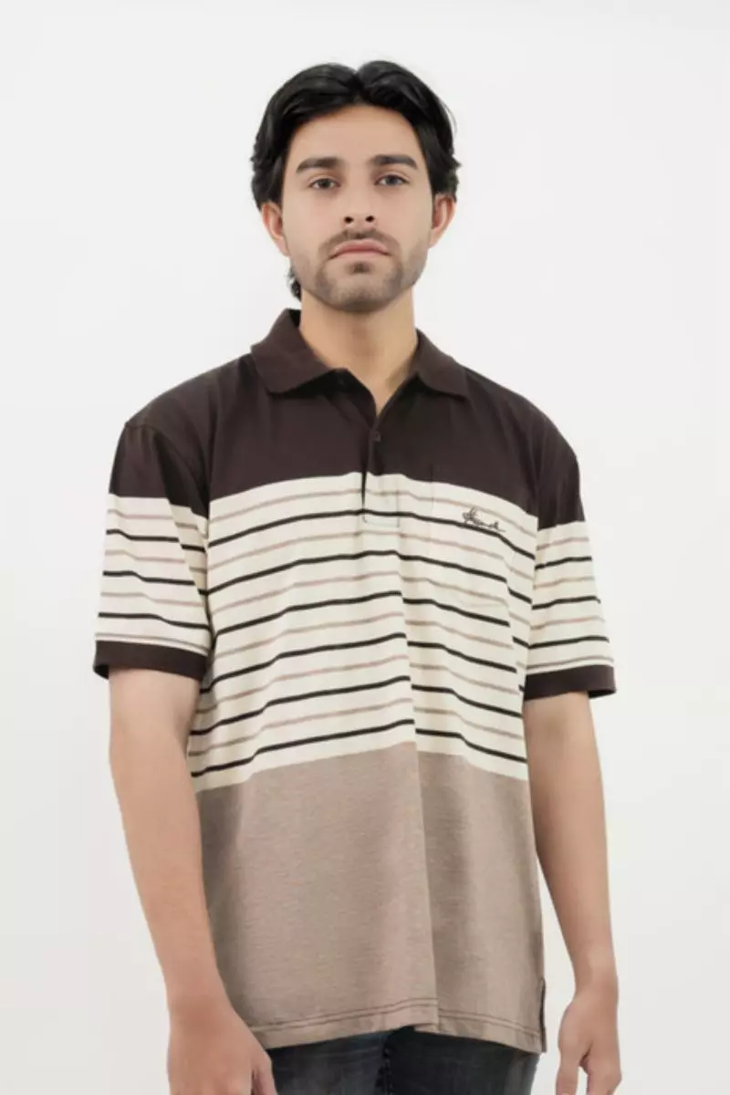 Hassenda Man Kaos Polo Motif Salur Pria Katun Walnut Brown