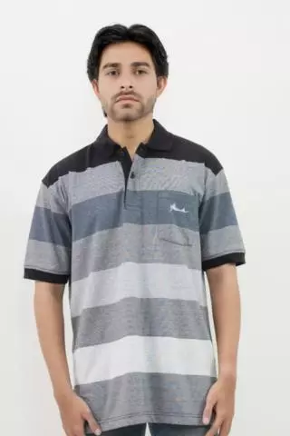 Hassenda Man Kaos Polo Motif Salur Pria Katun Steel Gray