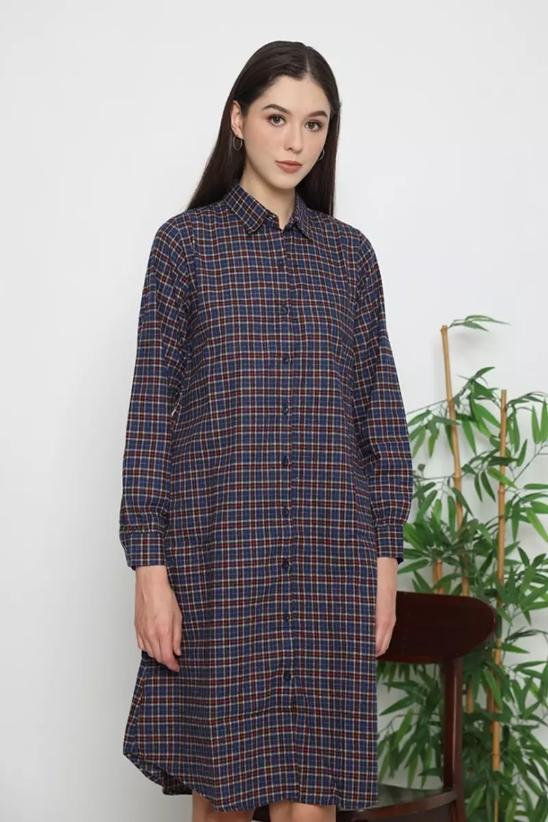 Puricia Dress Midi Wanita Tunik Falisha Navy Cobalt